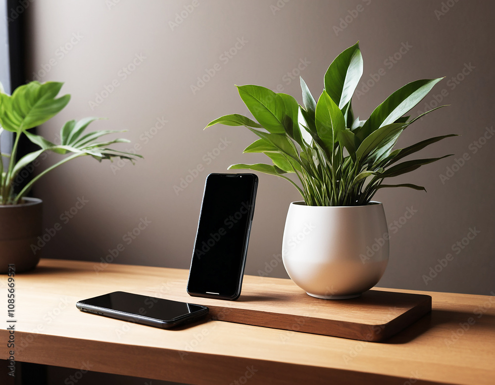 Modern Minimalist Home Office Desk Setup with Plant and Phone Chargers