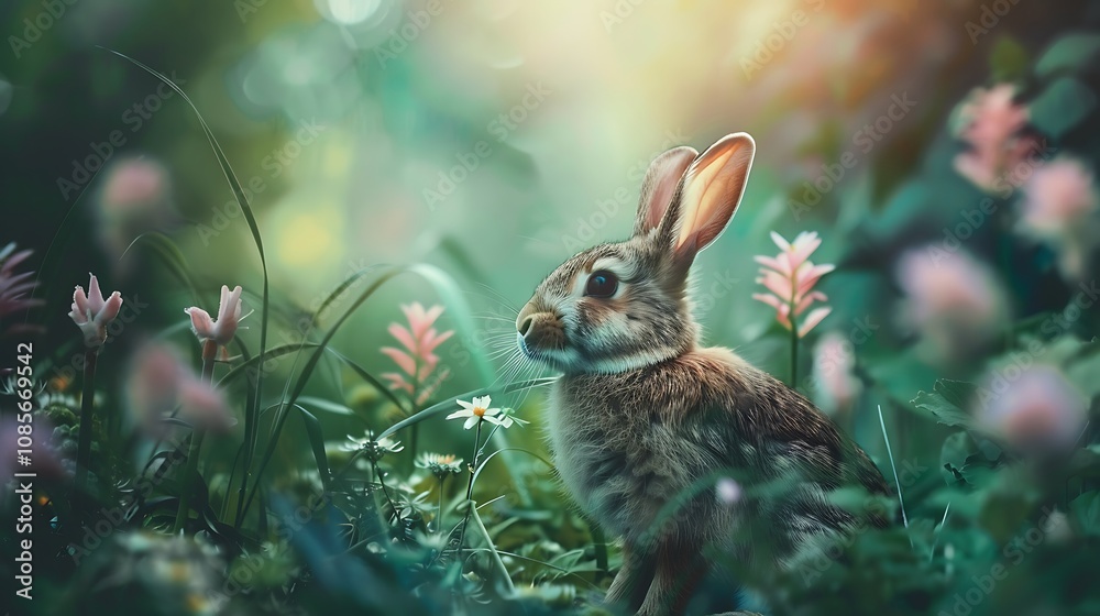 Rabbit in the meadow with flowers. Spring nature background. Rabbit in the meadow with flowers. Spring nature background.