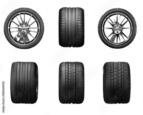 Set of six different tires are shown in a row. on Isolated transparent background