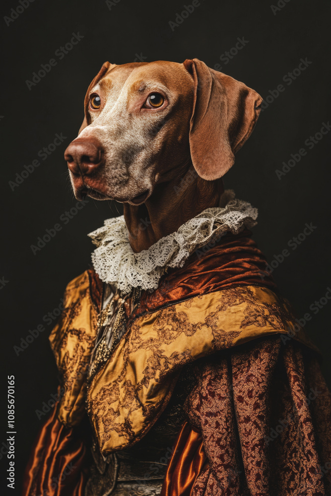 Studio portrait of dog wearing an medieval costume like a human against dark background. Anthropomorphic animal portrait