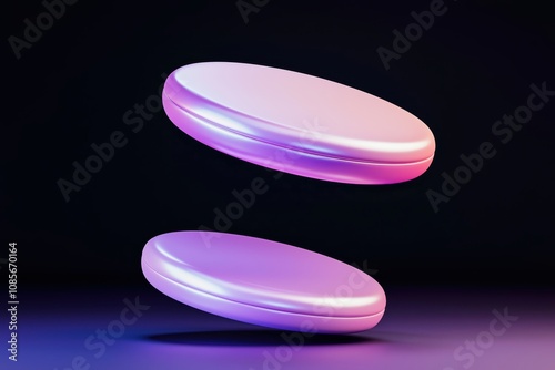 Radiant pink and purple neon rings floating in midair, their smooth surfaces glowing against a pitchblack background photo