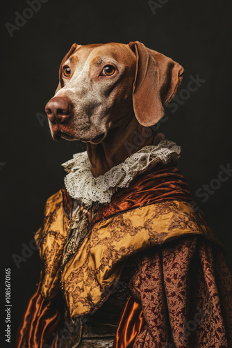 Obraz na płótnie Studio portrait of dog wearing an medieval costume like a human against dark background. Anthropomorphic animal portrait w salonie