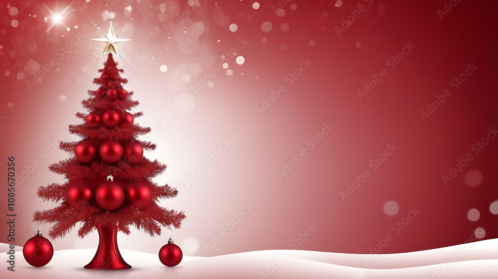 Festive Christmas tree decoration with ornaments and sparkling bokeh lights effect in red color abstract background. Festive Christmas tree decoration with ornaments and sparkling bokeh lights effect in red color abstract background.