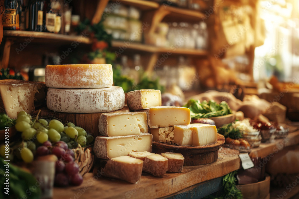 Various types of delicious cheese wheels and slices on wooden counter in traditional cheese shop