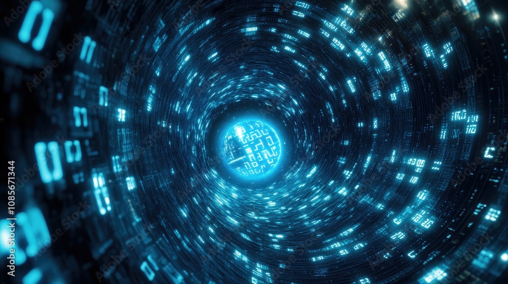 Abstract Digital Tunnel with Glowing Blue Data Streams Representing High-Tech Connectivity and Information Flow in a Futuristic Technology Concept Abstract Digital Tunnel with Glowing Blue Data Streams Representing High-Tech Connectivity and Information Flow in a Futuristic Technology Concept