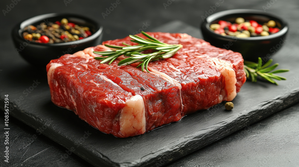 Fresh raw beef steak with rosemary on slate board, surrounded by spices. This vibrant presentation highlights quality of meat and aromatic herbs Fresh raw beef steak with rosemary on slate board, surrounded by spices. This vibrant presentation highlights quality of meat and aromatic herbs