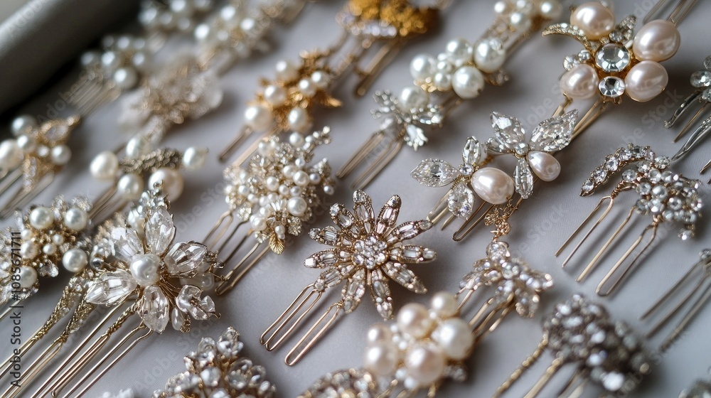 Elegant Collection of Hair Accessories Featuring Pearls and Rhinestones Displayed in a Delicate Arrangement for Bridal and Formal Hairstyles Elegant Collection of Hair Accessories Featuring Pearls and Rhinestones Displayed in a Delicate Arrangement for Bridal and Formal Hairstyles