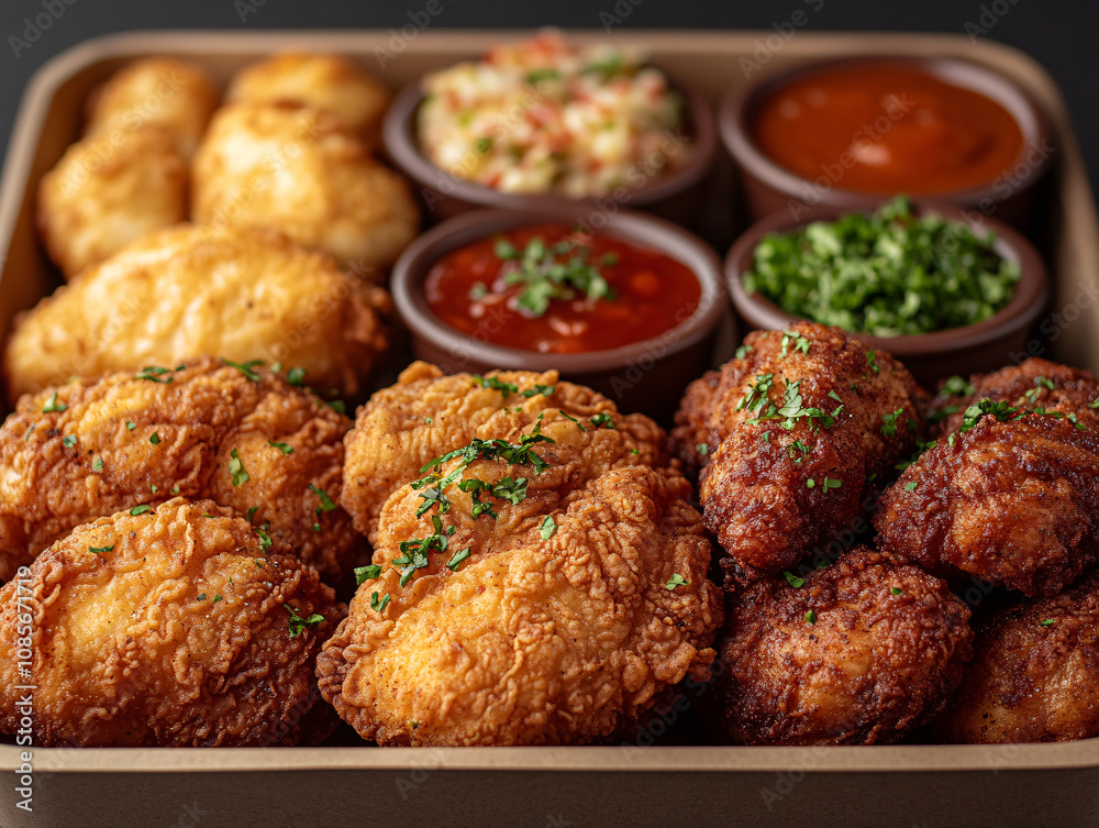 a wooden tray with a variety of dips and chicken wings, all arranged in an appetizing manner. a wooden tray with a variety of dips and chicken wings, all arranged in an appetizing manner.