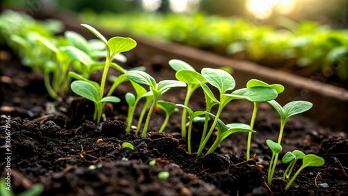 Closeup Panoramic View of Vibrant Green Seedlings Emerging from Rich Dark Soil, Symbolizing Growth and Renewal in a Natural Garden Setting