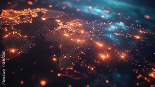 Aerial View of Illuminated World Map with Glowing City Lights and Network Connections Showcasing Global Connectivity and Digital Communication Landscape