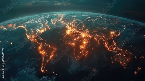 Stunning Aerial View of Earth at Night Showing Bright City Lights and Natural Wonders Illuminated by the Glow of Urban Life against a Dark Background