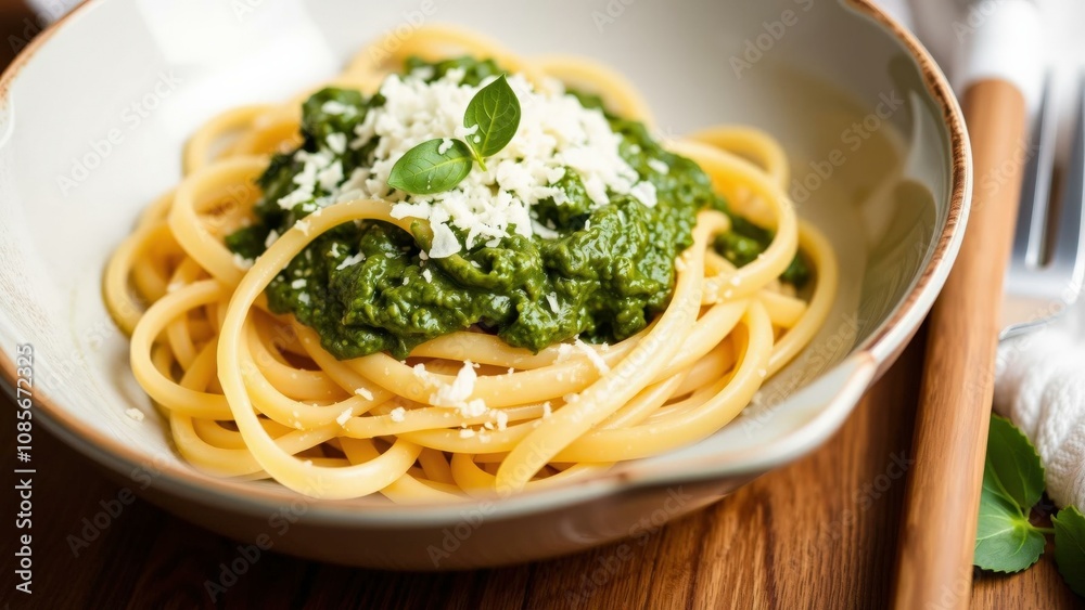Delicious Pasta Dish with Green Pesto Sauce, Perfect for a Healthy andying Meal Delicious Pasta Dish with Green Pesto Sauce, Perfect for a Healthy andying Meal
