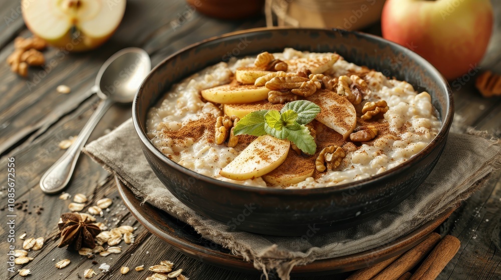 A warm bowl of oatmeal topped with sliced apples, nuts, and spices, served on a rustic wooden table with an apple in the background.