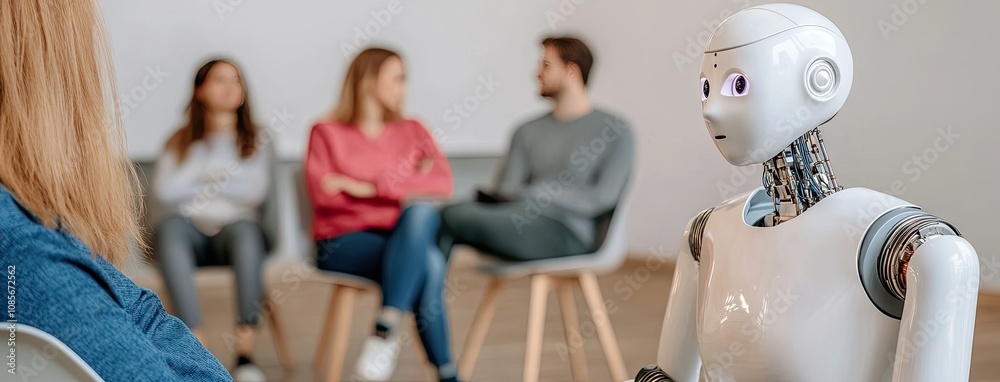 Fototapeta premium A humanoid robot waits patiently in a modern office lobby while people engage in conversation behind it