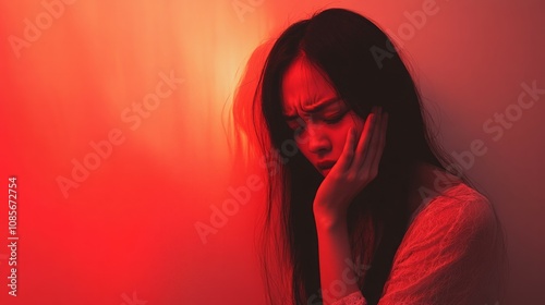 Teeth problem concept, collage. Unhappy middle aged woman suffering from strong tooth pain, monochrome photo with red inflamed zone, studio background