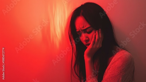Teeth problem concept, collage. Unhappy middle aged woman suffering from strong tooth pain, monochrome photo with red inflamed zone, studio background