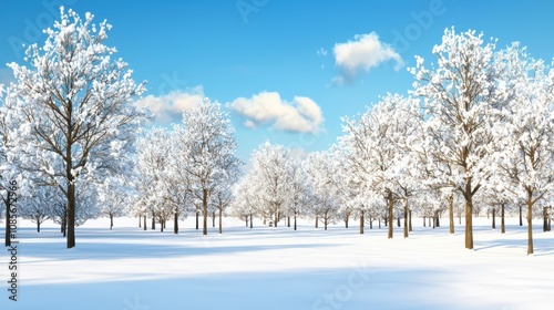 Tranquil snowy grove with tall trees nature landscape winter serenity