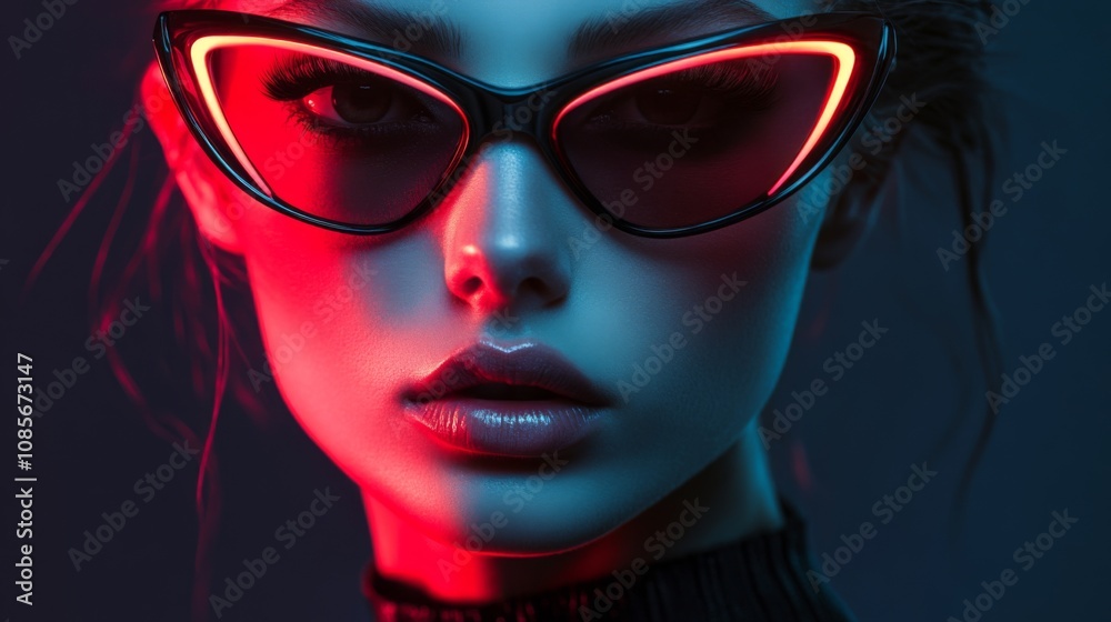 Stylish woman in bold neon red glasses with glowing accents Stylish woman in bold neon red glasses with glowing accents