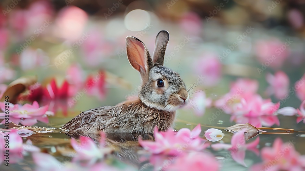 Rabbit in water with pink flower Rabbit in water with pink flower