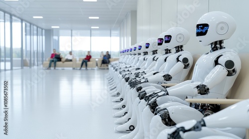 Wallpaper Mural Humanoid robots engage in conversation with humans in a modern office waiting area during the day Torontodigital.ca