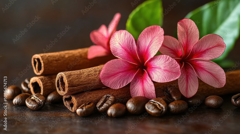 Cinnamon_sticks_with_coffee_beans_and_pink_flowers_on_dark_surface Cinnamon_sticks_with_coffee_beans_and_pink_flowers_on_dark_surface