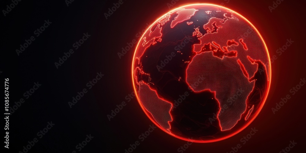 Fototapeta premium Futuristic Digital Earth Globe with Red Neon Lines Highlighting Continents and Meridians on a Dark Background for Science and Technology Concepts