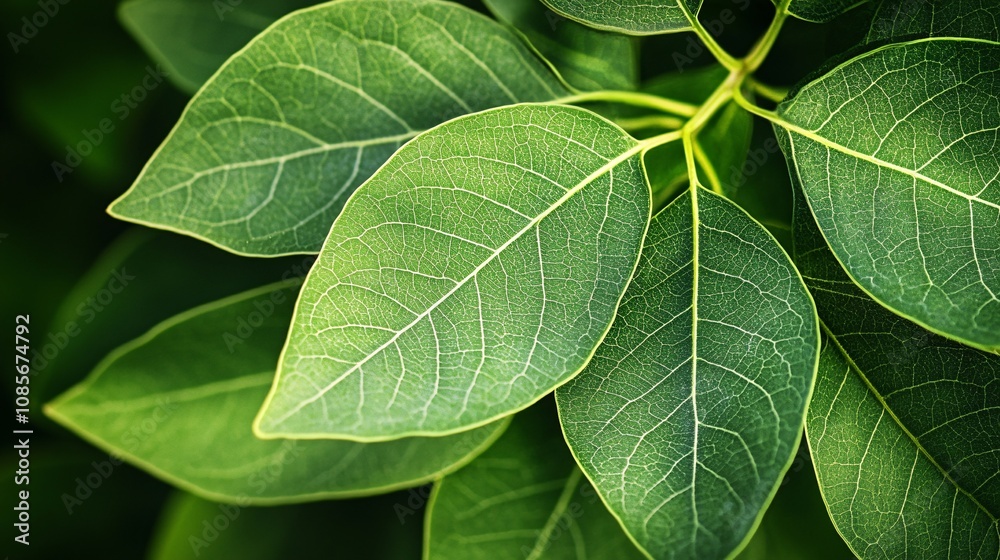 Close-Up View of Fresh Green Leaves Displaying Intricate Veins and Textures, Perfect for Nature and Botanical Themes Close-Up View of Fresh Green Leaves Displaying Intricate Veins and Textures, Perfect for Nature and Botanical Themes