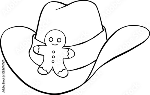 Christmas cowboy hat with gingerbread man cookie hand drawn black outline illustration with no fill
