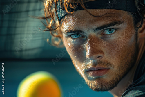 Tennis player with wet hair holding a tennis ball, ready to serve on a sunlit court. photo