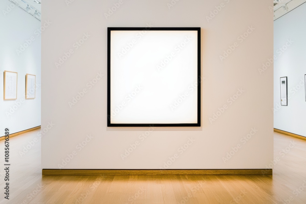 Fototapeta premium Empty frame setup with polished wooden flooring and soft lighting, emphasizing minimalism and adaptability for various art forms
