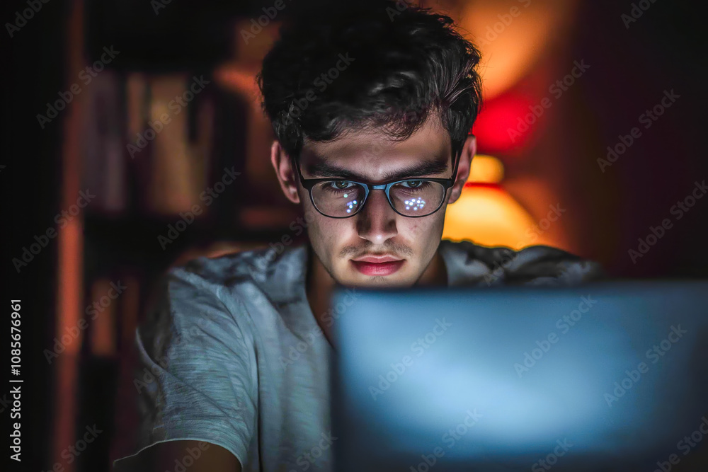 Focused Young Man with Glasses Working Late at Night on Laptop in Dimly Lit Room, Technology and Concentration Concept. Focused Young Man with Glasses Working Late at Night on Laptop in Dimly Lit Room, Technology and Concentration Concept.