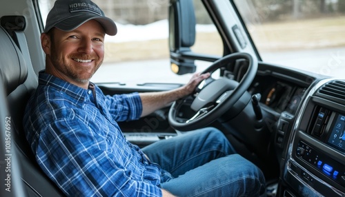 Stylish truck driver smiles for the camera in modern semi truck with leather interior
