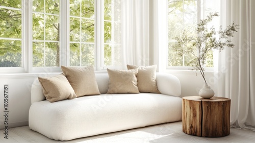 Minimalist living room, white sofa, natural light, warm and inviting feel.