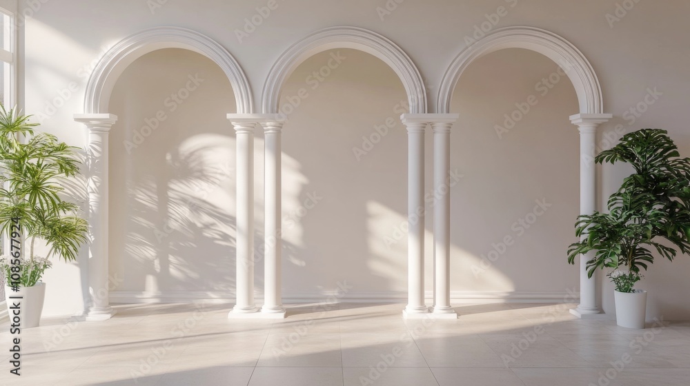 Symmetrical Archway with Tall White Columns in bright, airy Room with Plants, Window, and Tiled Floor