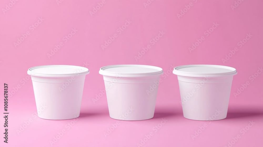 Modern minimalist composition of three white plastic containers on pink background, arranged in a triangular formation. Modern minimalist composition of three white plastic containers on pink background, arranged in a triangular formation.