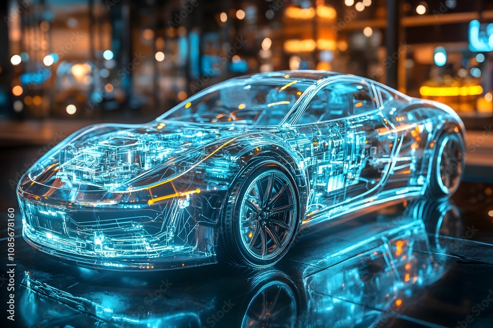 Fototapeta premium Blue wireframe Modern Electric car rides through Blue tunnel 3d rendering