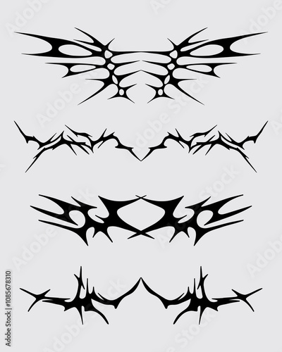 Symmetrical tribal cyber sigilism shape clip art vector collection for streetwear clothing design tattoo sticker editable