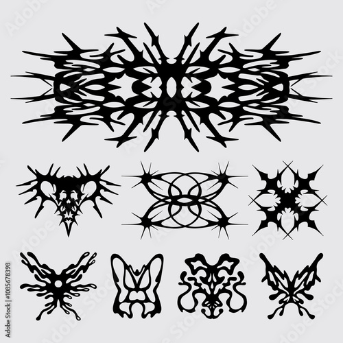 Brutalism symmetrical sigilism shape asset anti design vector tribal, ink clip art streetwear element acid poster, tattoo, illustration symbol editable