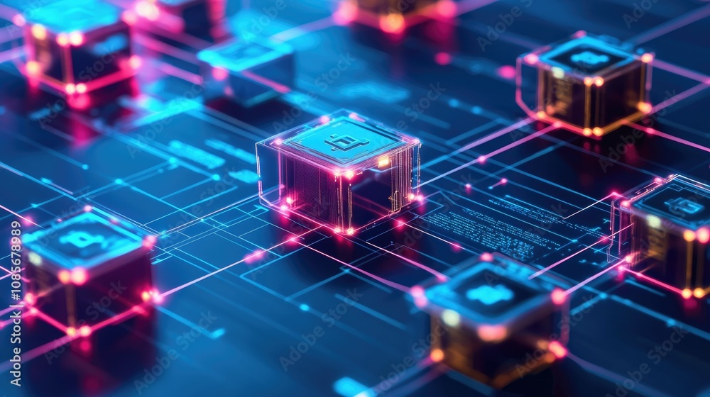 Futuristic Digital Network Interface with Glowing Blockchain Cubes Representing Cryptocurrency Transactions and Advanced Technology Innovations Futuristic Digital Network Interface with Glowing Blockchain Cubes Representing Cryptocurrency Transactions and Advanced Technology Innovations