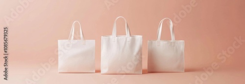 Minimalistic White Tote Bags Arranged in Triangular Formation on Peach Background with Long Handles, Modern Aesthetic photo