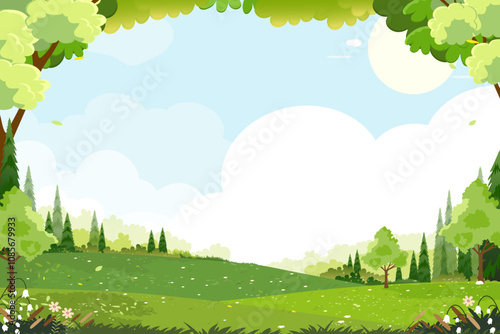 Landscape Spring blue sky, cloud, flower grass field on hill in garden at park for Easter banner,Horizon peaceful rural nature in sunny day Summer,Cartoon Vector illustration green forest trees