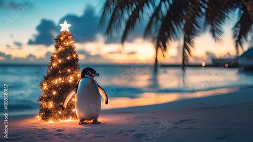 Penguin near christmas tree decorated with luminous garland against tropical beach background  photo