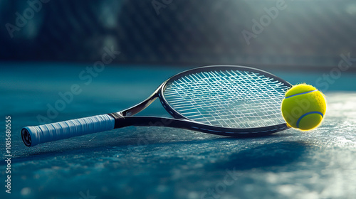 Tennis ball and tennis racket. Playing tennis concept photo