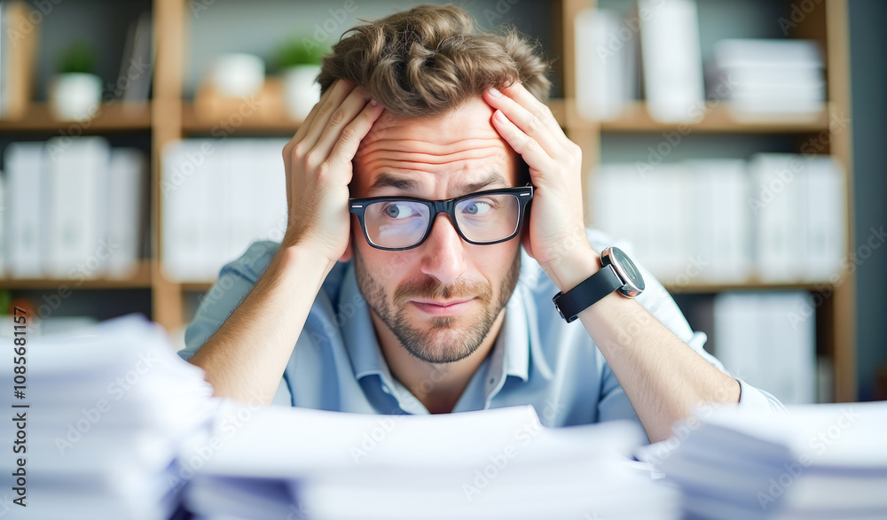 an office worker sits in front of stacks of paper documents upset tired an office worker sits in front of stacks of paper documents upset tired