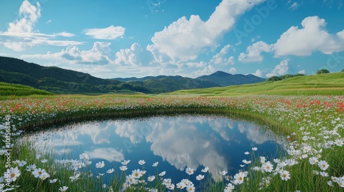 A serene landscape with a small pond surrounded by a field of wildflowers and rolling hills in the distance. The sky is clear and blue with fluffy clouds.