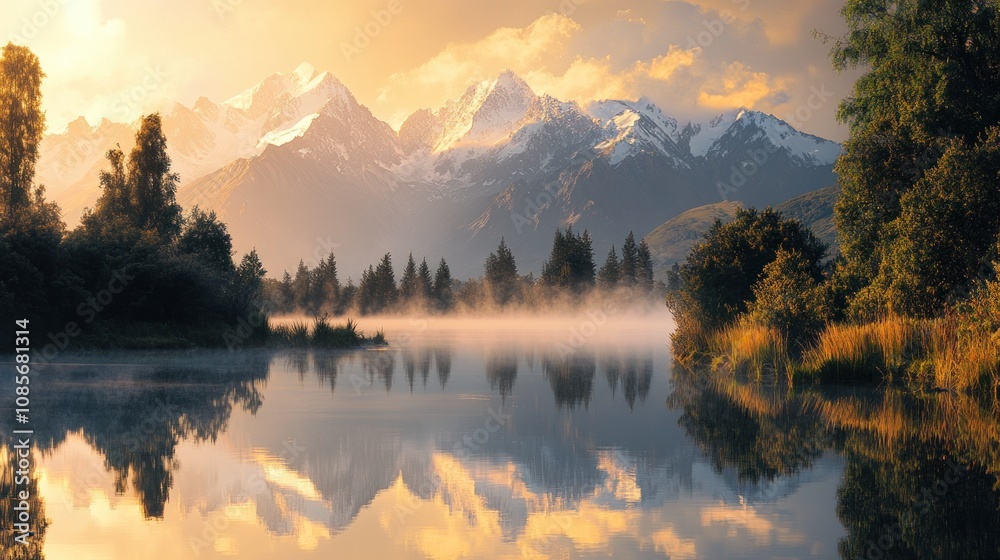 Naklejka premium A tranquil mountain lake at sunrise, with mist rising from the water and snow-capped peaks reflected in the still surface.