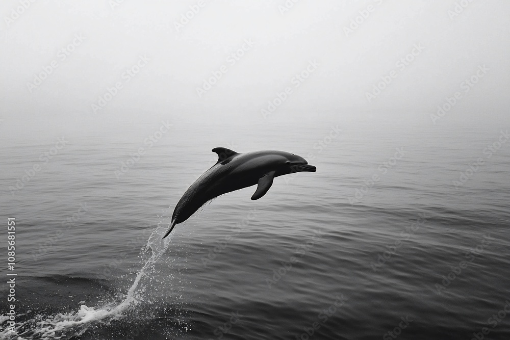 Dolphin Leaping from Tranquil Waters in Black and White