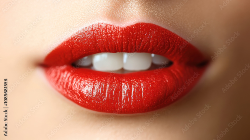 Close up of vibrant red lips with glossy finish, showcasing perfect smile and healthy teeth, exuding confidence and allure Close up of vibrant red lips with glossy finish, showcasing perfect smile and healthy teeth, exuding confidence and allure