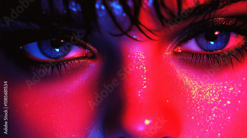 Close up of striking blue eyes with dramatic lighting and wet skin, showcasing vibrant colors and intense expression, creating captivating visual impact