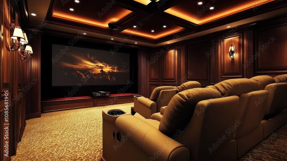 A home theater with a large screen, comfortable seats, and warm lighting.